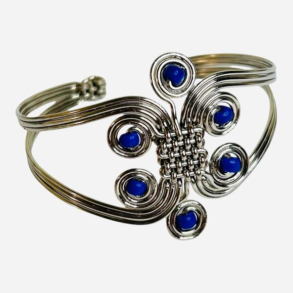 Serpentine Silver Tone Cuff Bracelet With Blue Beads - Picture 1 of 4